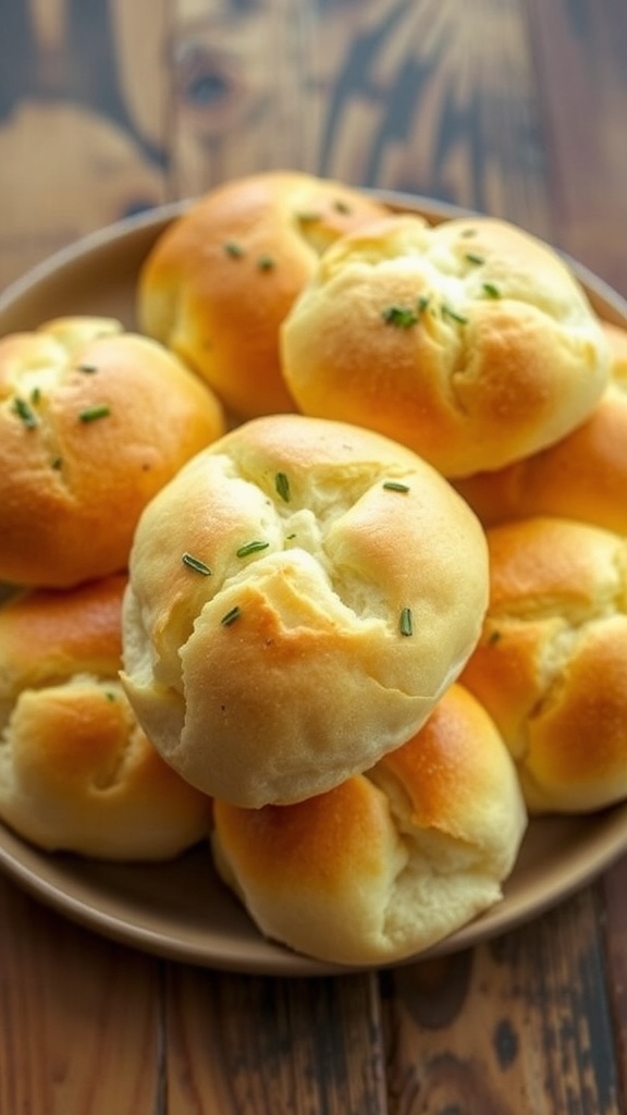 Fluffy Cloud Bread Rolls Recipe Fluffy cloud bread rolls on a plate, golden brown with herbs, on a rustic wooden table.